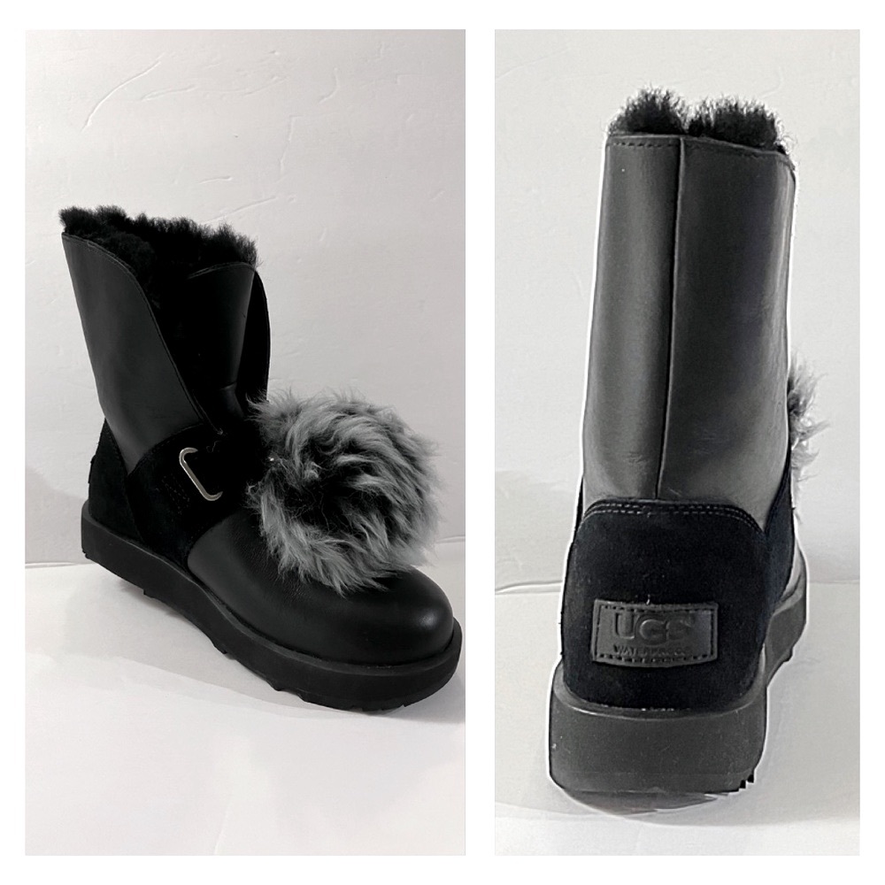 UGG Isley Black Waterproof Leather Pom Pom Boots, Size 6 - Picture 14 of 15